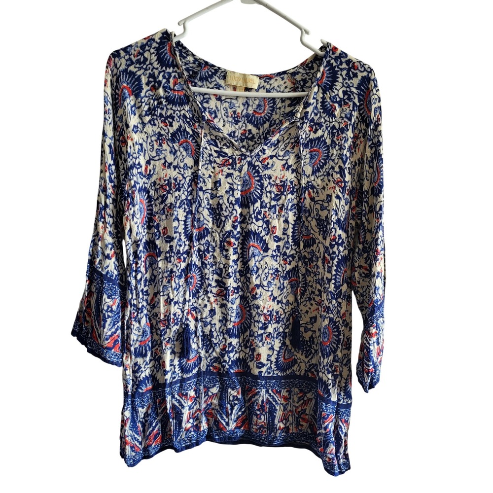 Lucy & Laurel Boho Tunic Top Women's Large Blue Red Floral Print Tassel V Neck